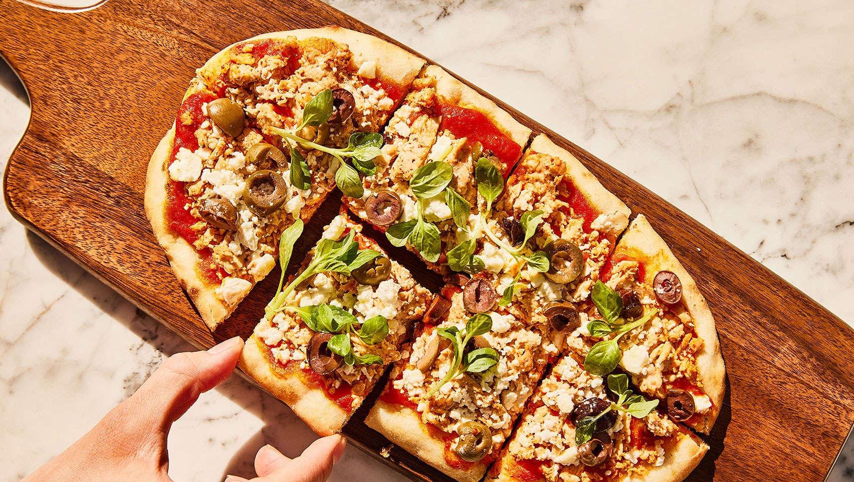 pizza on a wooden board