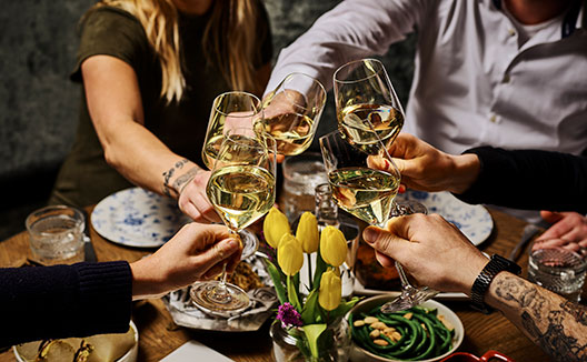 People toasting with wine over dinner